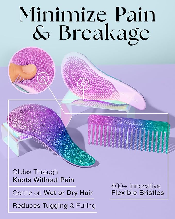 Lily England Detangling Comb & Hair Brush Set - Wide Tooth Comb for Curly, Straight, Thick, Fine & Wet Hair - Gentle & Pain-Free Detangler for Women & Kids - Lightweight Haircare Tools, Purple-Glitter