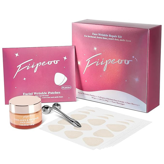 Wrinkle Patches for Face Overnight – Anti Wrinkle Facial Patches with Retinol Collagen Cream & Face Massager Kit for Forehead, Frown, Smile Lines & Crow’s Feet