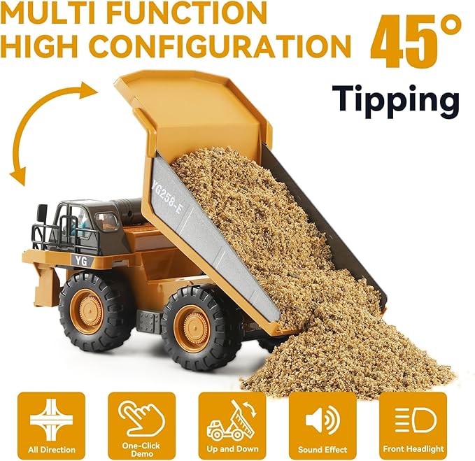 Remote Control Dump Truck, RC Construction Vehicle for Kids with 9 Channel Metal Bed Light Sound & Rechargeable Battery, Electric Transport Garbage Truck Toy for Toddlers Boys Girls Age 6+