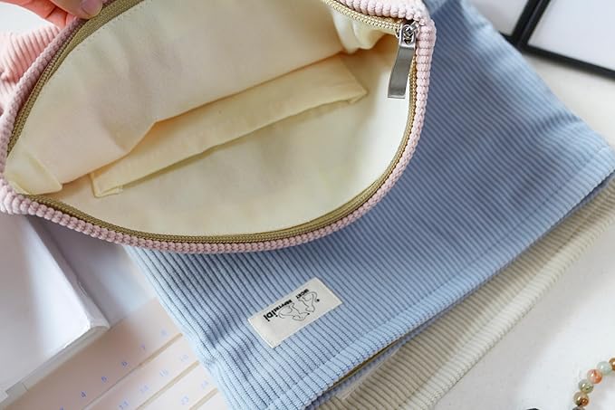 HAPPYHEIDI Large Corduroy Makeup Bag Pocket Cosmetic Toiletry Travel Pouch Office Car Accessory Organizer, Soft Creamy Tea White