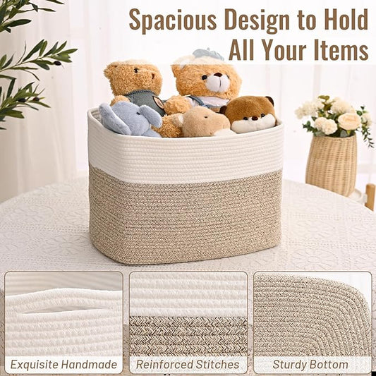 3 Pack Cube Storage Bin, 17”x12”x12” Cotton Rope Woven Baskets for Organizing Toys Clothes Towels, Square Gift Storage Baskets for Shelf, Nursery, Closet, Bathroom, Pantry (White & Jute)