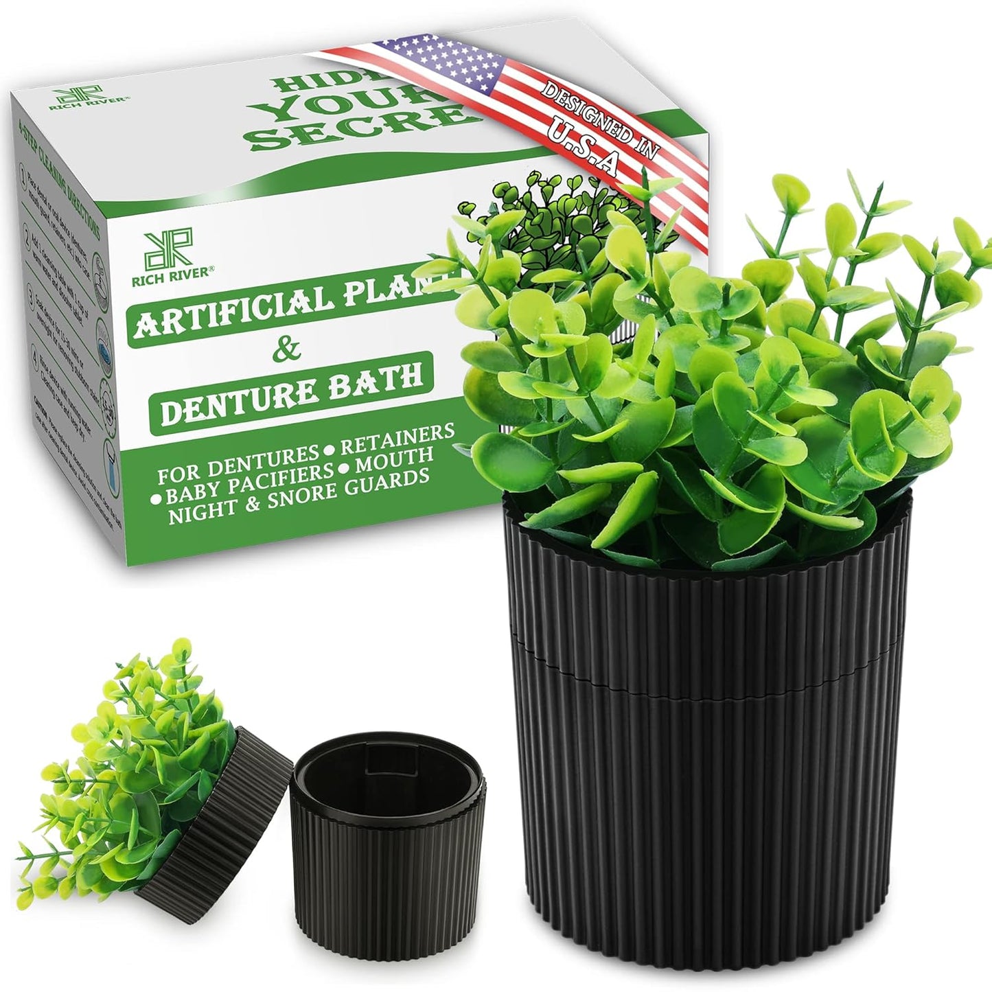 Denture Bath, Invisible Denture Case Designed As Artificial Eucalyptus Potted Plants, Denture Cup With Strainer For Retainer, Mouth Guard & Dentures, Perfect For Home Decoration…