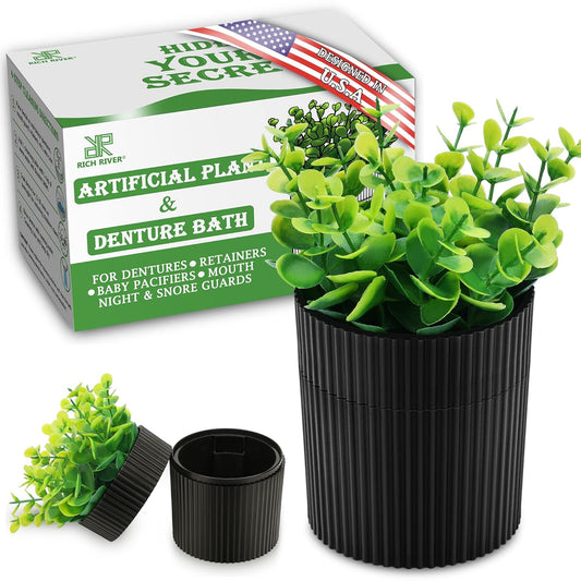Denture Bath, Invisible Denture Case Designed As Artificial Eucalyptus Potted Plants, Denture Cup With Strainer For Retainer, Mouth Guard & Dentures, Perfect For Home Decoration…