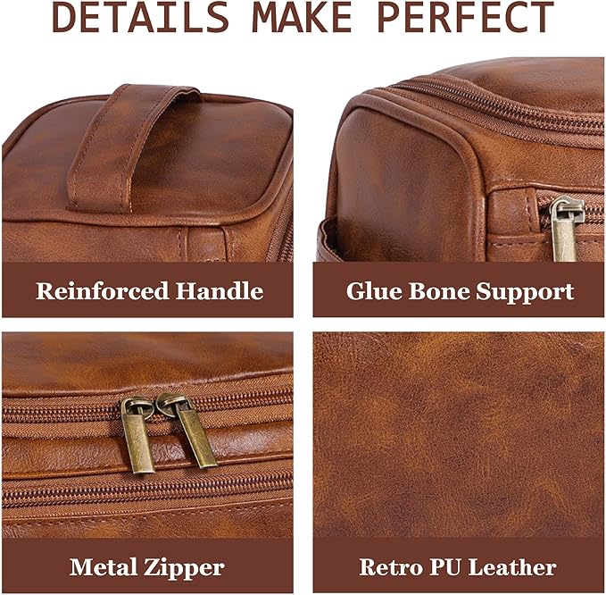 Toiletry Bag for Men, Hanging Travel Shaving Dopp Kit for Men and Women, Water-resistant Toiletries Organizer Bags, PU Leather Cosmetic Bags for Makeup Accessories (Light Brown)