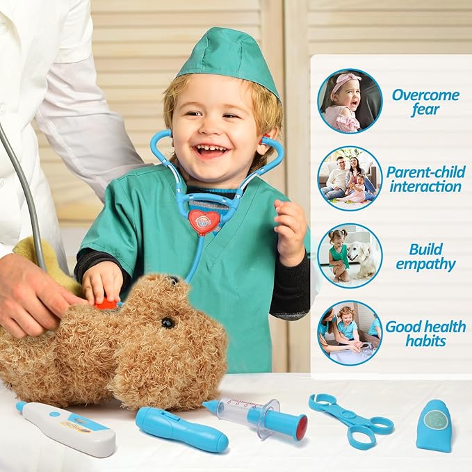 Liberry Doctor Kit for Toddlers 3 4 5 6 Years Old, 28 Pcs Kids Doctor Playset with Dog Toy, Stethoscope and Dress Up Costume, Pretend Play Medical Gift for Boys Girls (Blue)