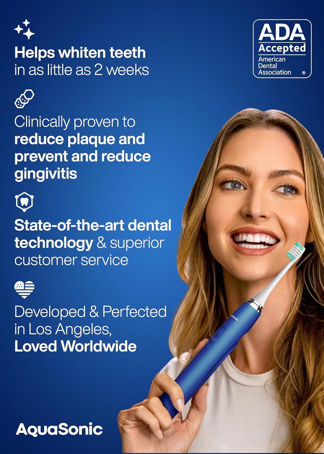 Aquasonic Vibe Series Ultra-Whitening Toothbrush – ADA Accepted Electric Toothbrush - 8 Brush Heads & Travel Case – 40,000 VPM Motor & Wireless Charging - 4 Modes w Smart Timer – Sapphire Blue