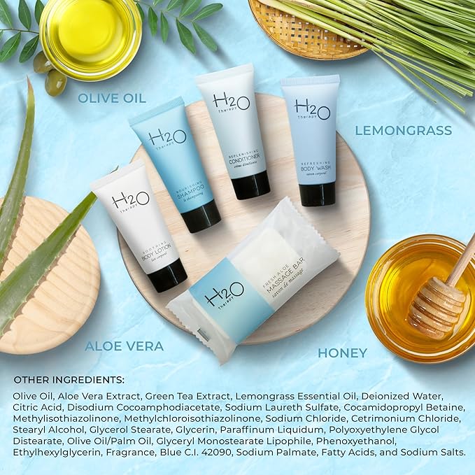 H2O Therapy Hotel Soaps & Toiletries Bulk Set | 1-Shoppe Amenities Kit | 0.85oz Shampoo & Conditioner, Body Wash, Lotion, 1oz Bar Soap | Travel Size | 150 Pieces