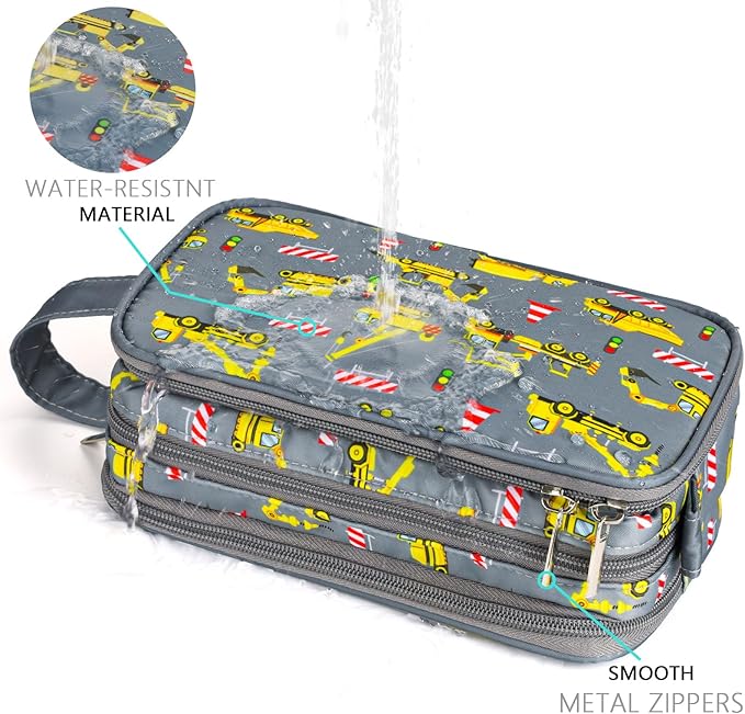 Kids Toiletry Bag for Boys, Travel Toiletry Bag for Little Young Boys Waterproof Hanging Wash Bag Toddler Traveling Toiletries, Construction Grey