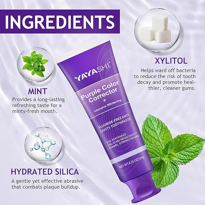 Purple Color Corrector Whitening Toothpaste, Fluoride-Free,Deep Stain Remover Toothpaste, Plaque Remover for Teeth,freshens Breath,Vanilla Mint