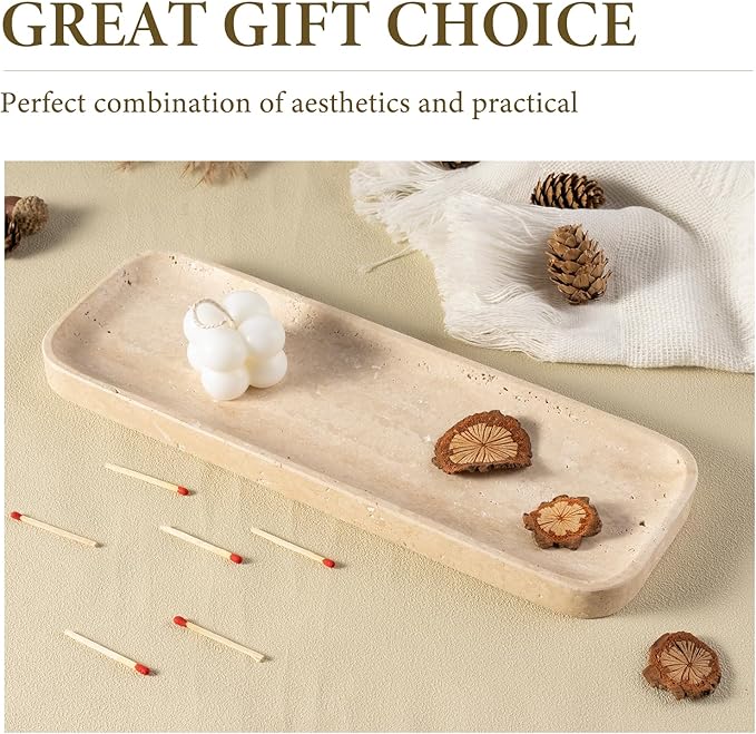 Koville Travertine Tray for Bathroom Sink, 12"x4" Natural Stone Vanity Tray for Kitchen Dresser Countertop, Rectangular Decorative Marble Tray for Jewelry Perfume Trinket(Beige)