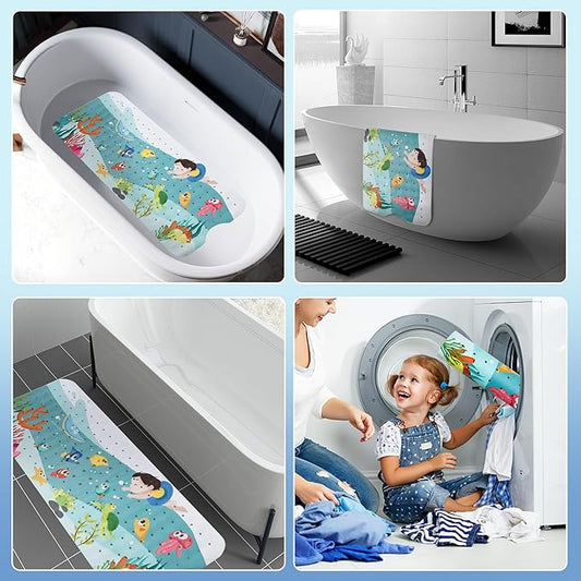 Baby Bath Mat for Tub Kids Non Slip Bathtub Mat Extra Long 40X16 Inch Shower Mat Toddler Anti Slip Bathroom Tub Mat with Suction Cups & Drain Holes (Sea World)