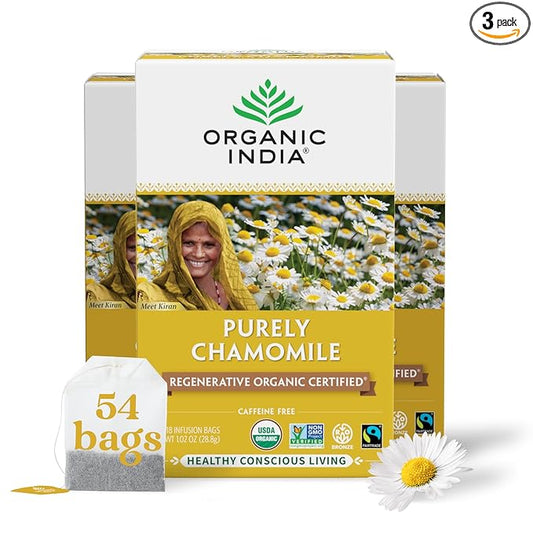 Organic India Purely Chamomile Tea- Regenerative Organic Chamomile Flowers, Caffeine Free, Calming & Relaxing Herbal Tea, Natural Support for Sleep & Relaxation- 18 Tea Bags, Pack of 3
