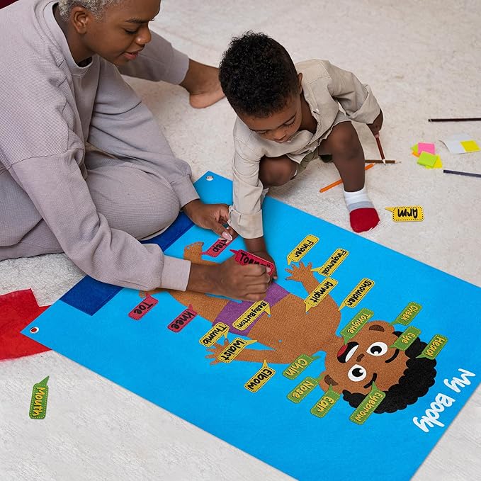 WATINC 35Pcs Brown Skin Color Body Parts Learning Felt Story Board Set, Human Organ Educational Teaching Storytelling Kit, Early Learning Interactive Play Wall Hanging Gift for Toddlers Kids