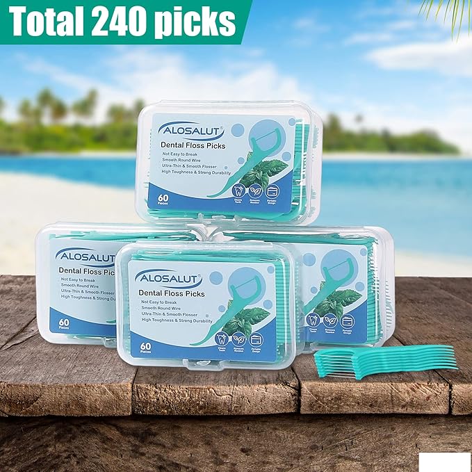 240 Count Dental Floss Picks – Mint Flavored Flossers with Built-in Toothpick for Deep Cleaning – 4 Portable Boxes of 60 – Strong & Smooth Floss Sticks for Family Home Travel - Adults & Kids