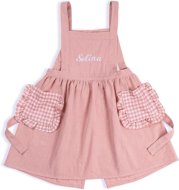 MT WORLD Girls Apron Personalized Linen Kids Aprons for Cooking Toddler Girls Cross Back Apron Pinafore for Baking Crafting