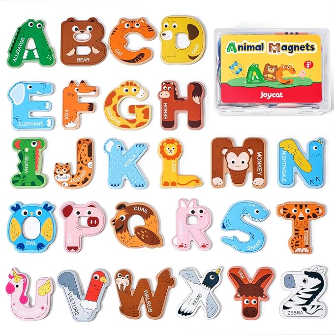 JoyCat Wooden Thick Alphabet Magnets for Toddlers Fridge Large Size Cute Animal Colorful ABC Magnetic Letters 26 Uppercase Letters Educational Toy Set for Kids Toddlers Preschool Learning Spelling