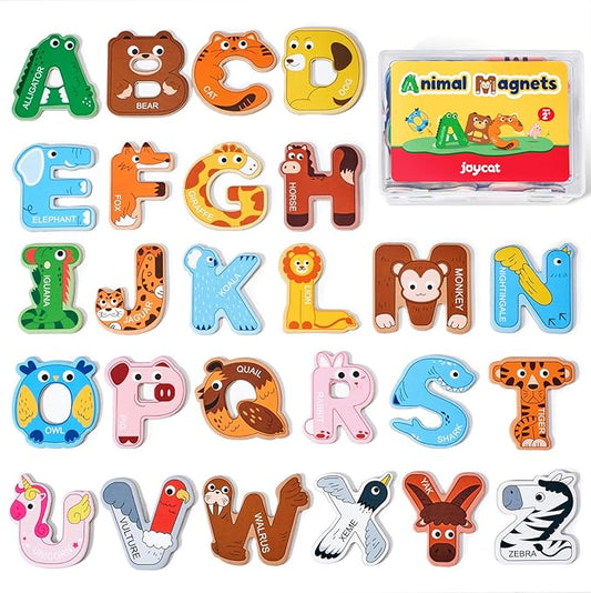 JoyCat Wooden Thick Alphabet Magnets for Toddlers Fridge Large Size Cute Animal Colorful ABC Magnetic Letters 26 Uppercase Letters Educational Toy Set for Kids Toddlers Preschool Learning Spelling