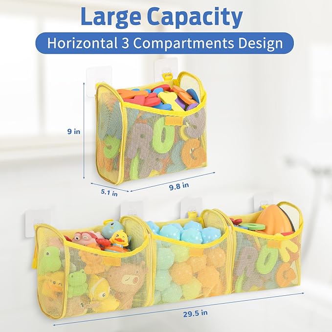 Bath Toy Storage, Goowin Bath Toy Holder, 3 Compartment Large Openings Bath Toy Organizer, Large Capacity Bath Tub Toy Holder, Kids Bathtub Toy Storage for Accessing & Sorting Toys (Yellow, Upgrade)