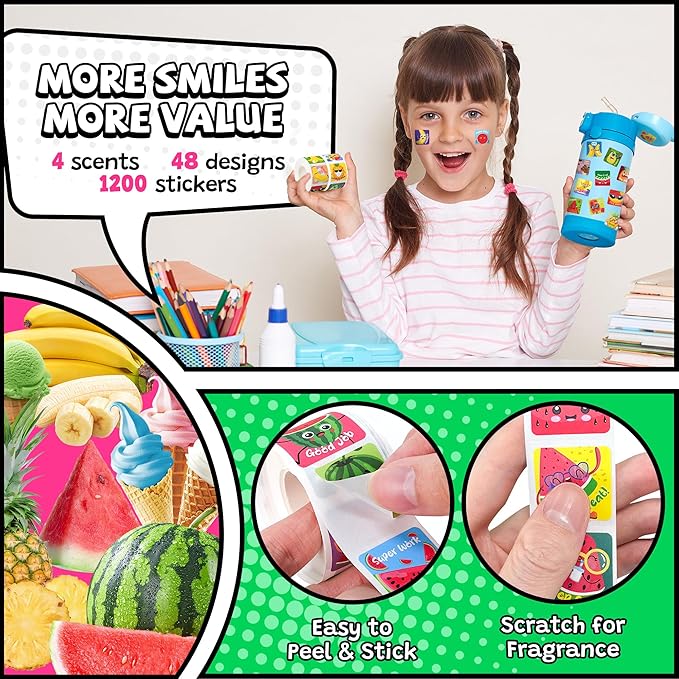 HORIECHALY 1200 Pcs Scented Stickers for Kids, 4 Rolls Scratch and Sniff Smelly Motivational Reward Stickers, Classroom Teacher Must Haves, School Supplies Incentives for Students(0.98")
