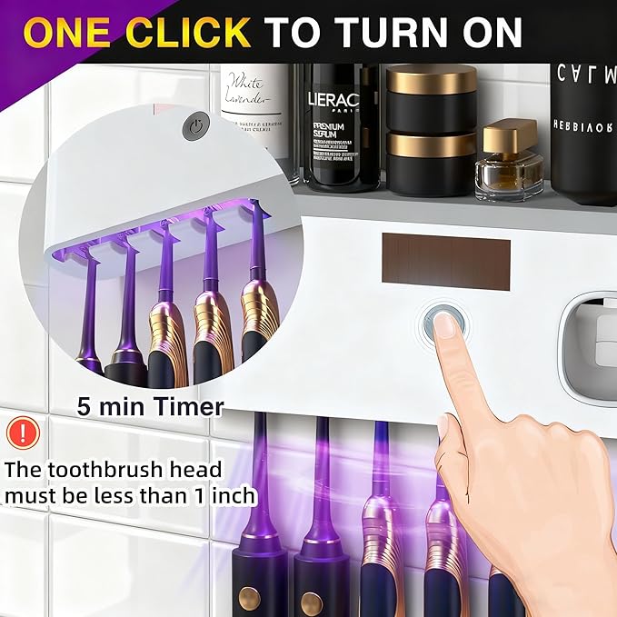 Wall Mounted Toothbrush Holder with Toothpaste Dispenser Electric Toothbrush Holder for Bathroom Solar Charging and No Drilling Required Smart Toothbrush Organizer with 5 Brush Slots