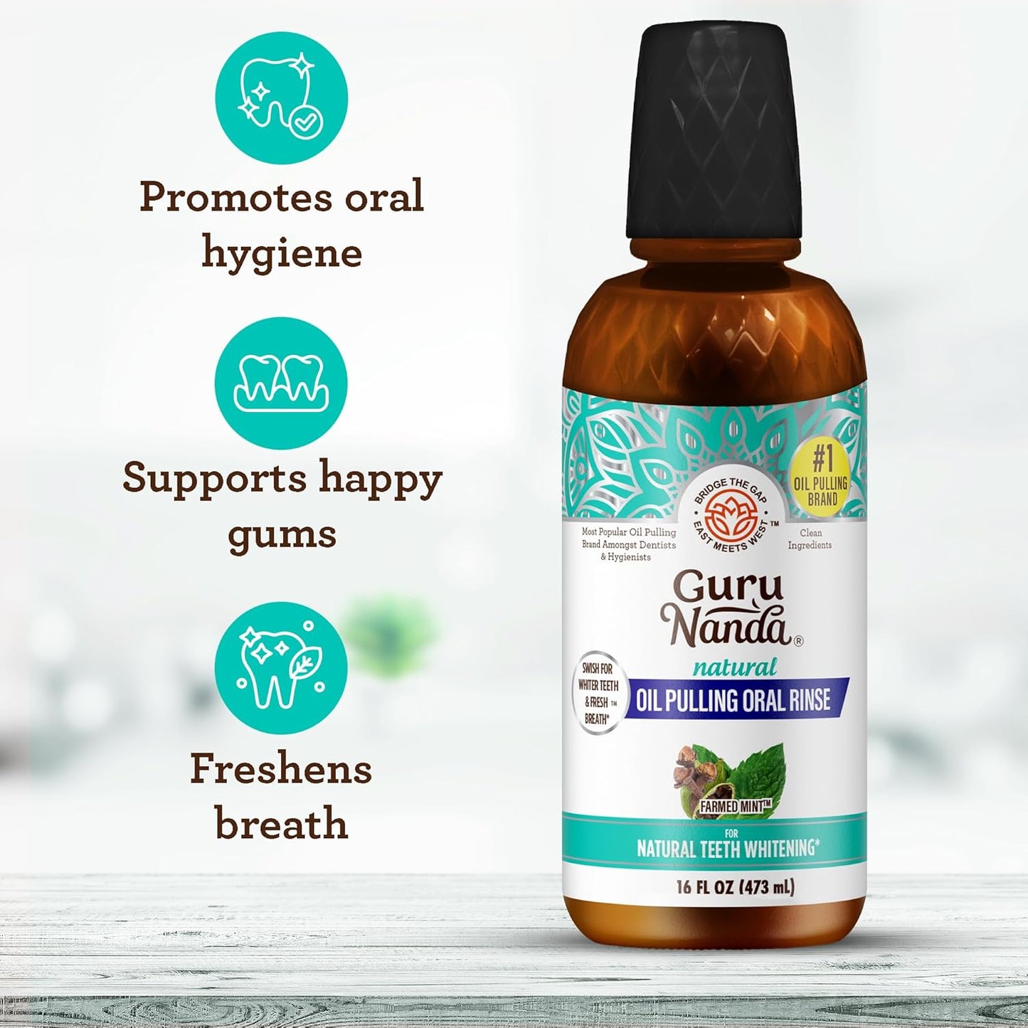 GuruNanda CocoMint Oil Pulling Mouthwash for Complete Oral Hygiene, 7 Essential Oils & Vitamins for Happy Teeth & Gums & Fresh Breath, Alcohol-Free, 16 oz