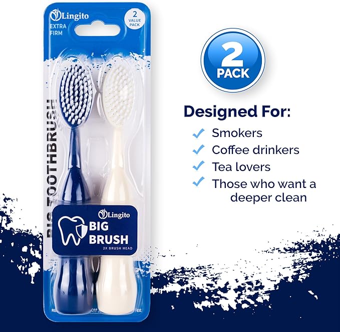 Lingito Smokers Toothbrush Wide-Head, Extra-Firm Hard-Bristle Oral Care for Tough Stains, Deep-Cleaning Manual Brush for Coffee & Tobacco-Stained Teeth, Premium Stain Removal & Brightening - (2 Pack)