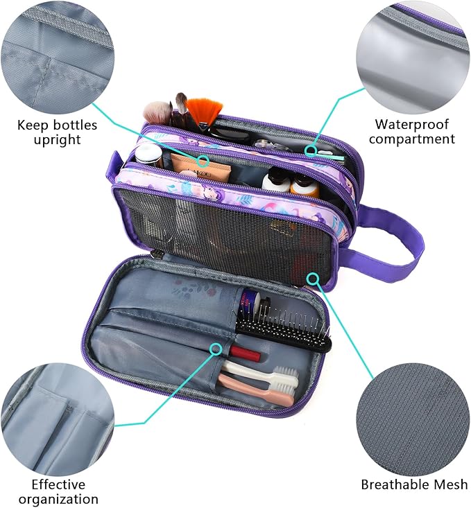 Kids Toiletry Bag for Girls, Travel Toiletry Bag for Little Young Girls Cosmetic Bag Makeup Bag Waterproof Hanging Wash Bag Toddler Toiletries, Mermaid Purple