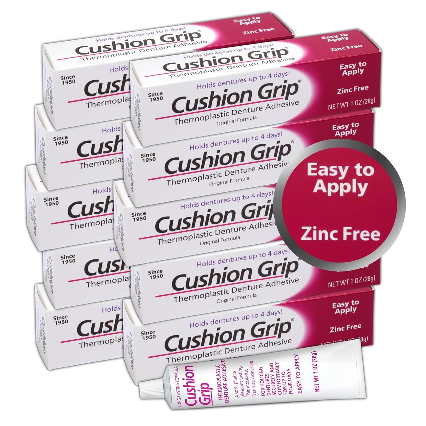Cushion Grip Thermoplastic Denture Adhesive 1oz (10 Pack)–Extra Strong Hold Up to 4 Days, Unmatched Strength, Waterproof & Zinc Free, Relieves Sore Gums, Comfortable Refit, Long Lasting Denture Refit