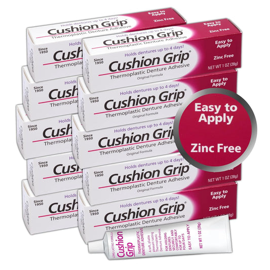 Cushion Grip Thermoplastic Denture Adhesive 1oz (10 Pack)–Extra Strong Hold Up to 4 Days, Unmatched Strength, Waterproof & Zinc Free, Relieves Sore Gums, Comfortable Refit, Long Lasting Denture Refit