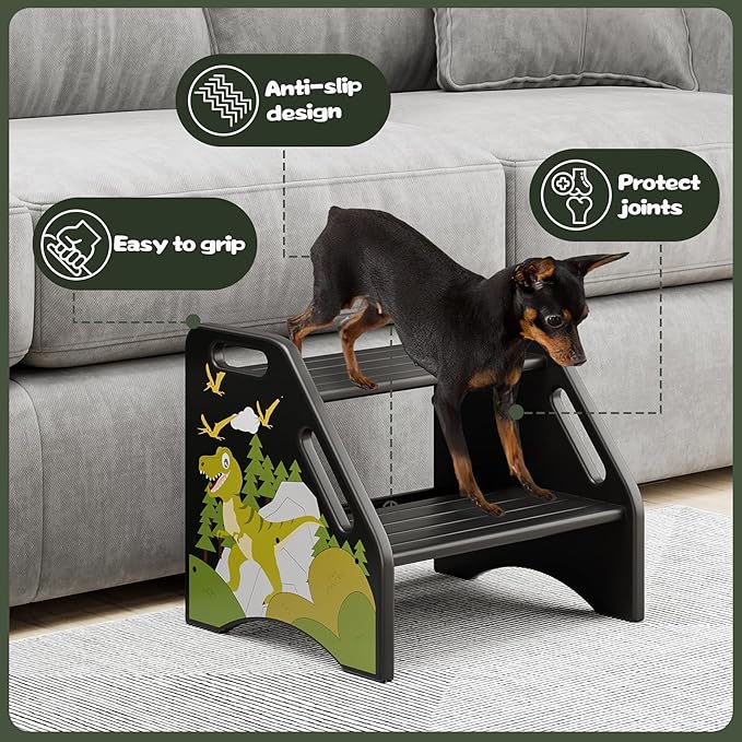 AMBIRD Toddler Step Stool, Dinosaur Wooden Two Step Stool for Kids with Non-Slip Pads, Portable Potty Training Stool with Handles for Bathroom, Sink, Kitchen, Bedroom