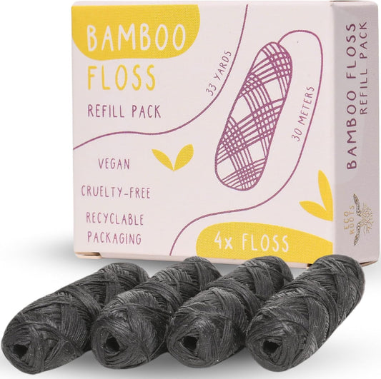 ECO ROOTS Organic Bamboo Floss Refill x4 Rolls, Eco Friendly Dental Charcoal Floss | Reusable & Vegan Bamboo Tooth Flossers | Zero Waste, Plastic Free, Biodegradable