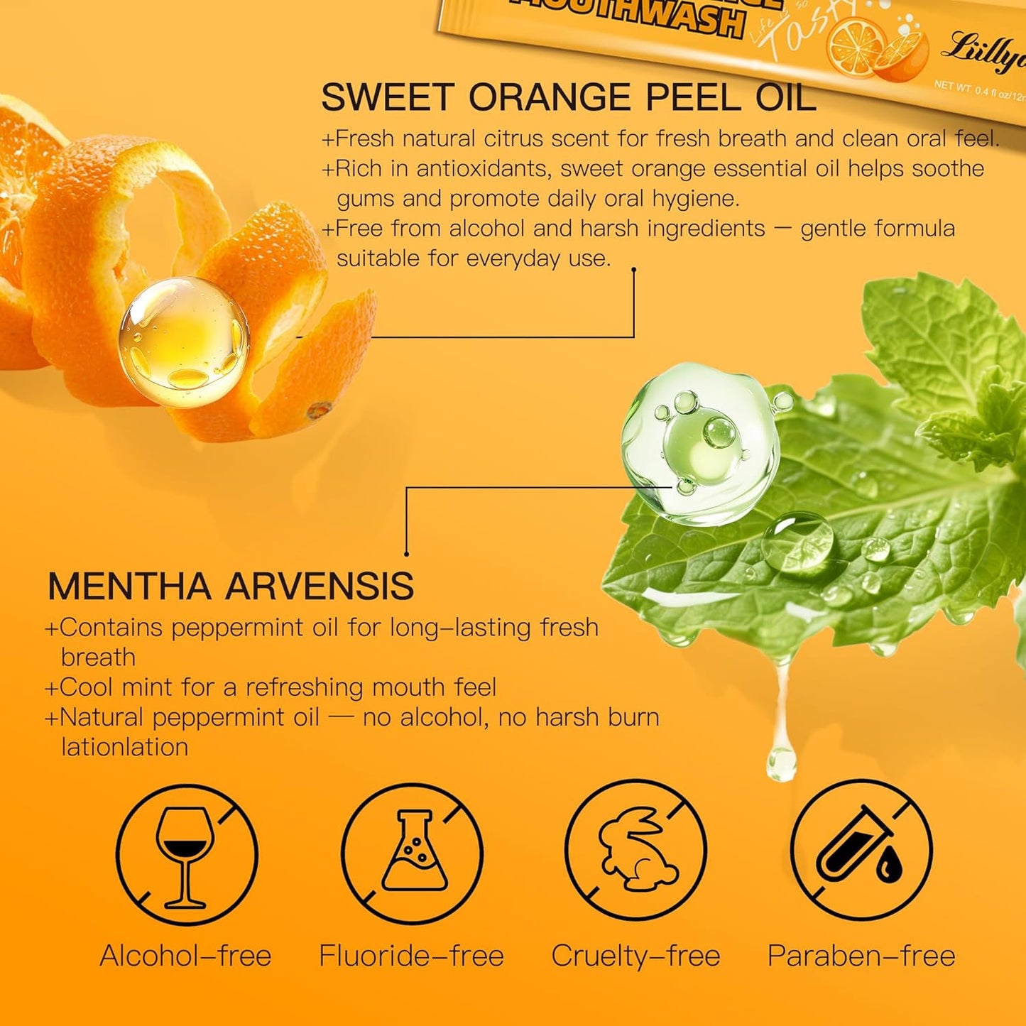 Mouthwash Travel Size, Individual Mini Mouthwash Alcohol Free, Orange Mint for Fresh Breath, Oral Care, Teeth & Gum Health, TSA Compliant, Portable Packets to Go, 0.41 Fl Oz x 20 Packs