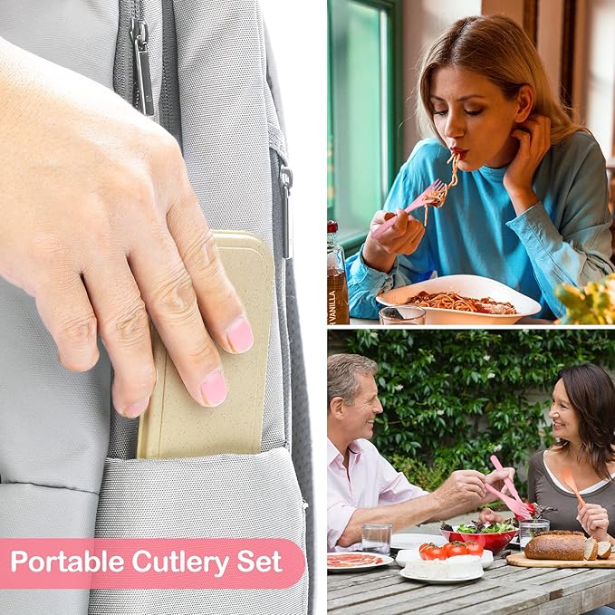 Reusable Travel Utensils Set with Case, 4 Sets Wheat Straw Portable Knife Fork Spoons Cutlery, Eco-Friendly BPA Free Plastic Tableware for Kids Adults Travel Picnic Camping Utensils