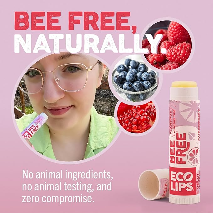 Eco Lips Vegan Superfruit Bee Free Lip Balm Includes Candelilla Wax, Organic Cocoa Butter and Coconut Oil. 100% Plastic-Free Plant Pod Packaging. 3-Pack