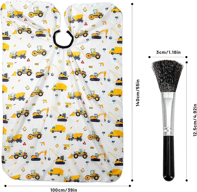 Gealaek Kids Haircut Cape and Neck Duster Brush Set with Construction Site Pattern Kids Barber Cape 55x40 Inches for Boys & Girls Salon Cape Kit (White)