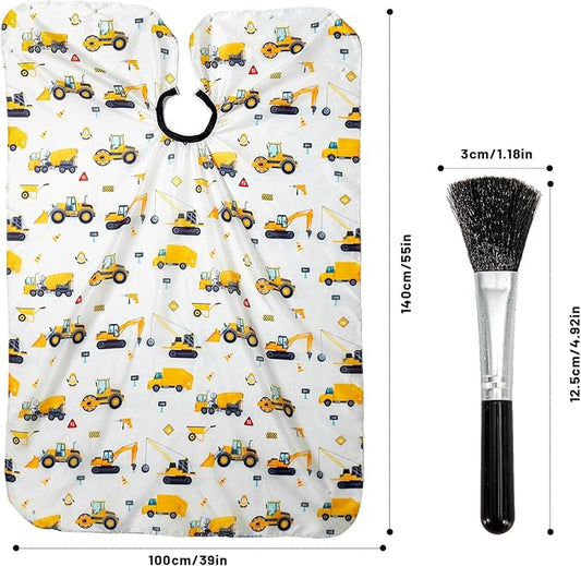 Gealaek Kids Haircut Cape and Neck Duster Brush Set with Construction Site Pattern Kids Barber Cape 55x40 Inches for Boys & Girls Salon Cape Kit (White)