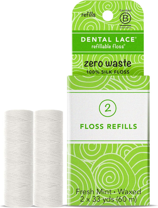 Refills - Dental Lace Refillable Silk Dental Floss – 100% Silk Floss with Mint Flavor, PFAS & PTFE Free – 2 Refill Spools (Total 66 Yards) – Recyclable Packaging