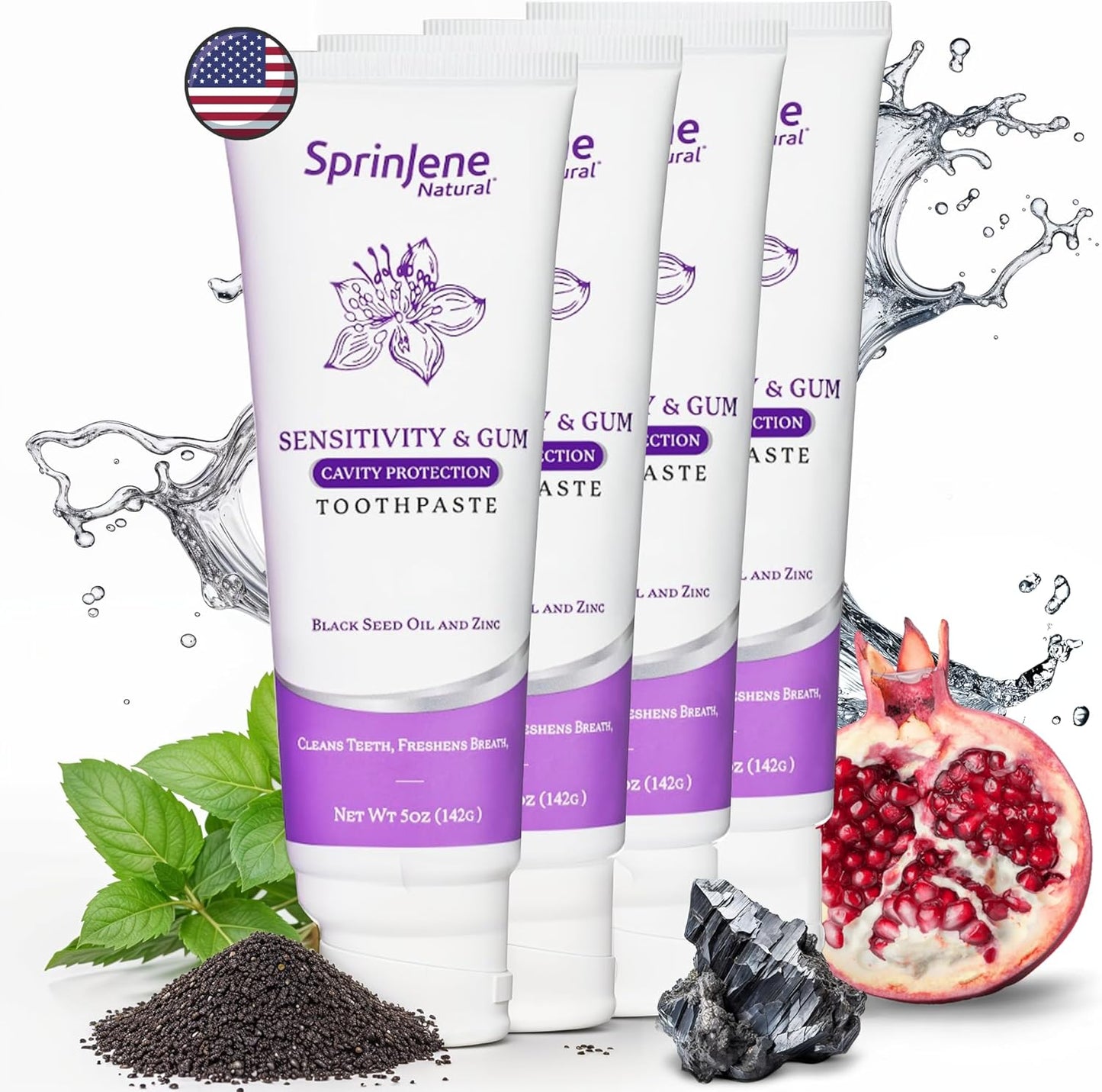 SprinJene Natural Sensitivity & Gum Fluoride Toothpaste – Sensitive Teeth Relief & Cavity Protection – SLS Free Natural Toothpaste with Black Seed Oil & Zinc – Made in The USA (4 Pack)