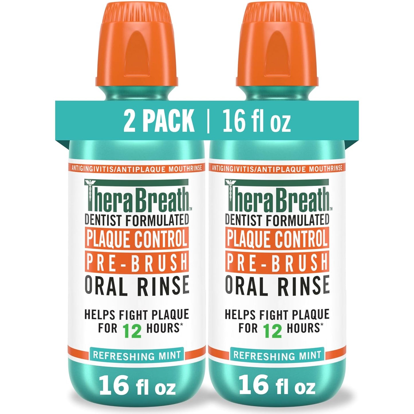 TheraBreath Plaque Control Pre-Brush Oral Rinse, Refreshing Mint Flavor, Antigingivitis and Antiplaque Rinse, Dentist Formulated, Alcohol Free, 16 Fl Oz (Pack of 2)