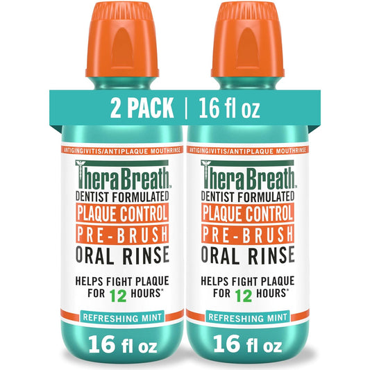 TheraBreath Plaque Control Pre-Brush Oral Rinse, Refreshing Mint Flavor, Antigingivitis and Antiplaque Rinse, Dentist Formulated, Alcohol Free, 16 Fl Oz (Pack of 2)