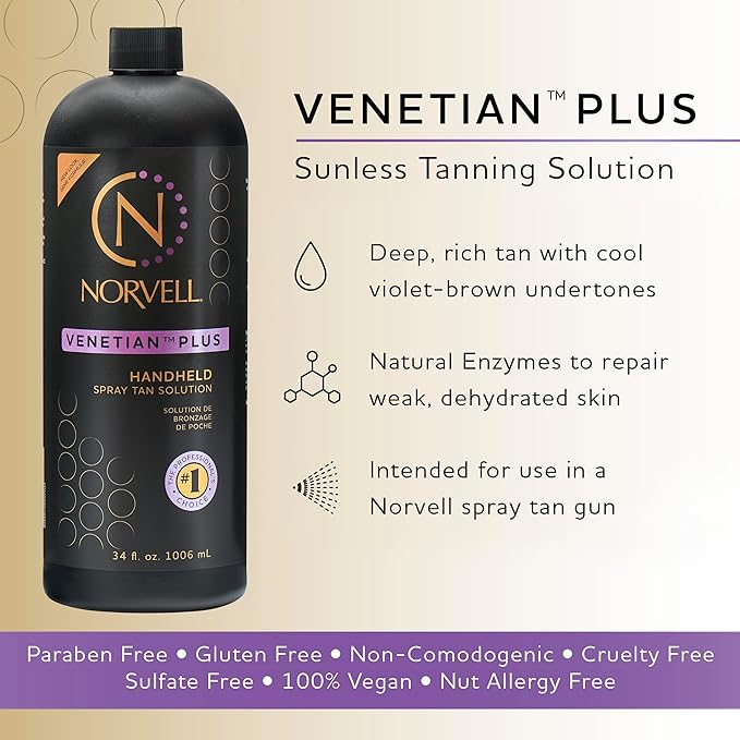 Norvell Premium Spray Tan Venetian and Venetian Plus Solutions Bundle 34 fl oz – Professional Sunless Tanning Formula for Natural Bronze Glow, Streak-Free, Long-Lasting Color