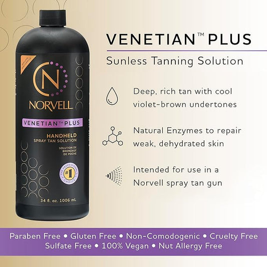 Norvell Premium Spray Tan Venetian and Venetian Plus Solutions Bundle 34 fl oz – Professional Sunless Tanning Formula for Natural Bronze Glow, Streak-Free, Long-Lasting Color