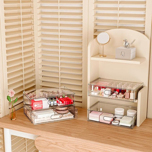 2 Pack Clear Makeup Storage Drawer, 12''W Stackable Bathroom Organizers and Storage Drawer, Acrylic Cosmetic Display Case For Vanity, Undersink, Cabinets, Desk Organizer