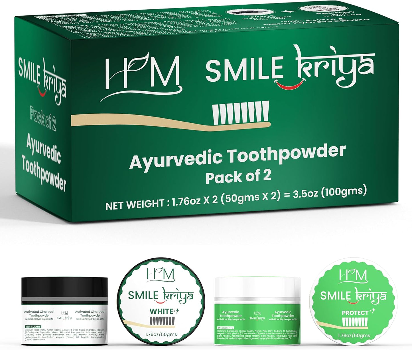 HM - Smile Kriya Ayurvedic Toothpowder Duo (Pack of 2) | Whitens Teeth Naturally, Remineralizes Enamel, Strengthens Gums & Freshens Breath | Activated Charcoal & NanoHydroxyapatite | 1.76 oz X 2