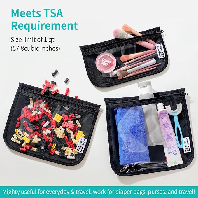 TSA Approved Toiletry Bag, Set of 3 Clear Travel Toiletry Bag Quart Size Zipper Travel Pouch, Waterproof Makeup Cosmetic Bag for Women Men Kids Toiletries Carry on, Black