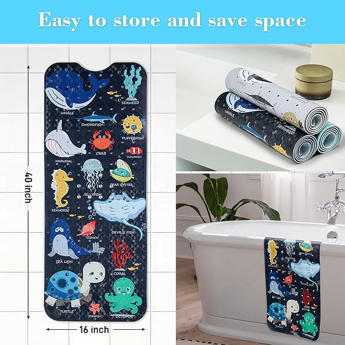 Bath Mat for Tub Non Slip, Machine Washable Anti-Slip Cartoon Baby Bathtub Shower Mat with Drain Holes and Suction Cups for Toddler & Kids, 40 Inch x 16 Inch, Navy Sea Animals