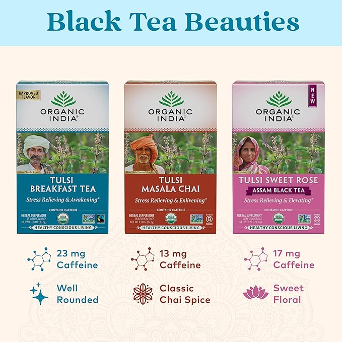 ORGANIC INDIA Tulsi Breakfast Herbal Tea - Black Tea, Holy Basil, Relieve Stress & Energize, Immune Support, Adaptogen - Vegan, USDA Certified Organic, Non-GMO, Caffeinated - 18 Infusion Bags, 6 Pack