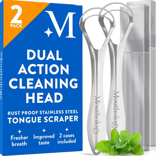Mouthology Tongue Scraper for Adults (2 Pack), Reduce Bad Breath, Metal Tongue Scraper, Tongue Cleaner, Tongue Scraper, Stainless Steel Tongue Scraper, Tongue Cleaner for Adults, Tongue Scrubber