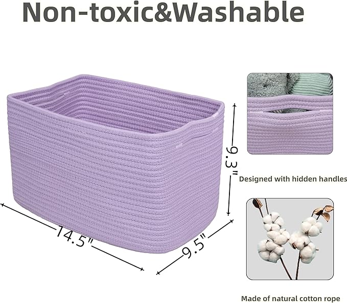 Cotton Rope storage Basket Bins Woven Basket for Organizing Shelves 14.5X9.5X9.3" Rectangle Decorative Baskets For storage Clothes Toys Books Towels Nursery basket organizer 3 pack purple or lavender
