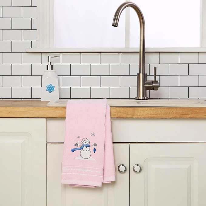SKL Home Christmas/Winter Glam Snowman 100% Cotton Embroidered 2pc Hand Towel Set, Decorative for Bath/Kitchen/Bar, Pink